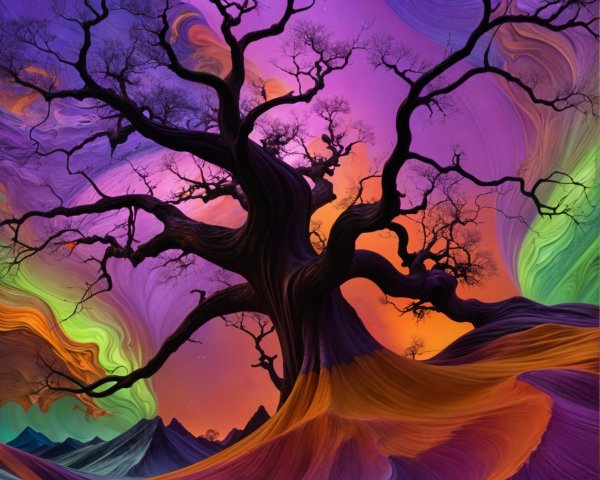 Surreal Landscape with Gnarled Tree and Vibrant Sky