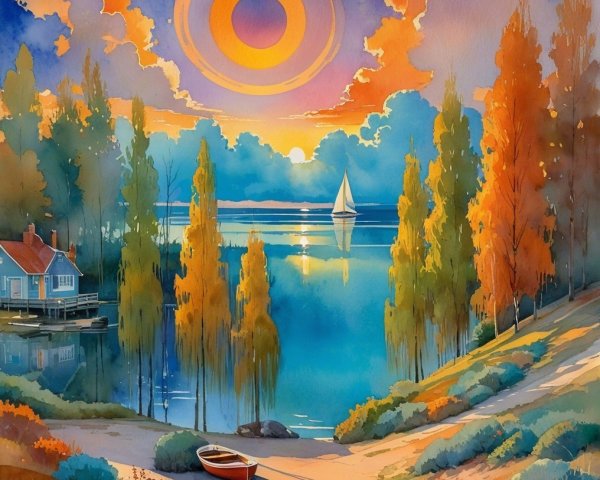 Serene Sunset Landscape with Lake and Silhouetted Trees