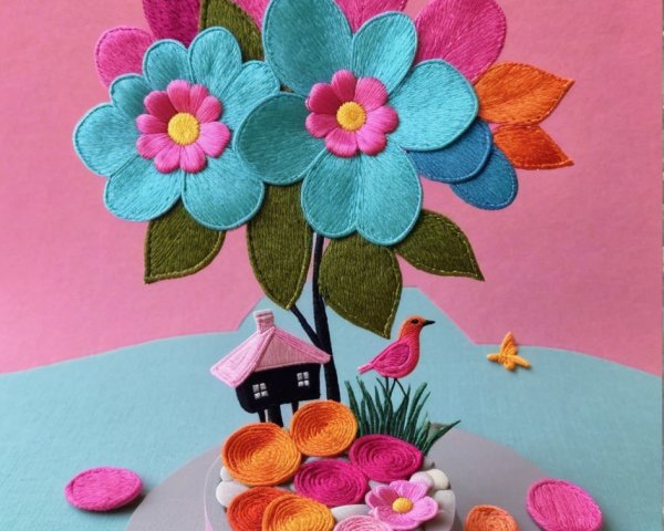 Colorful Embroidery Flower Craft Display with House and Bird