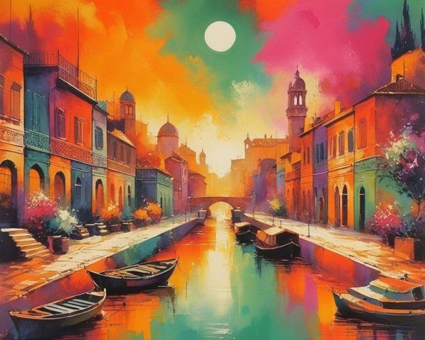 Vibrant Canal Scene with Warm Sunset Hues
