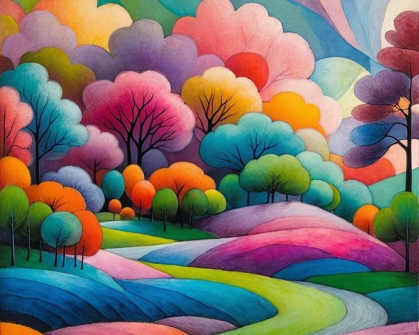 Vibrant Landscape with Bold Colors and Whimsical Elements