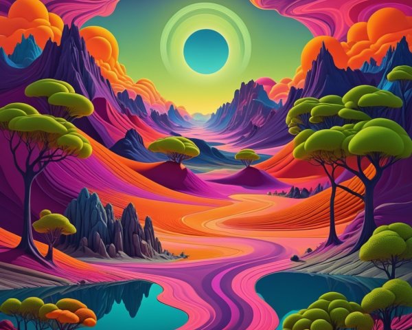 Surreal Landscape with Colorful Mountains and River