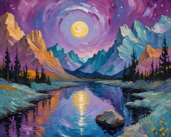 Vibrant Night Sky with Mountains and Autumn Foliage