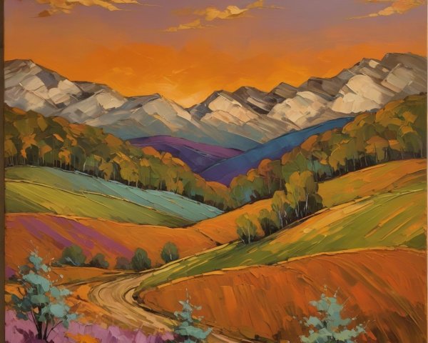 Vibrant Landscape with Rolling Hills and Sunset Sky