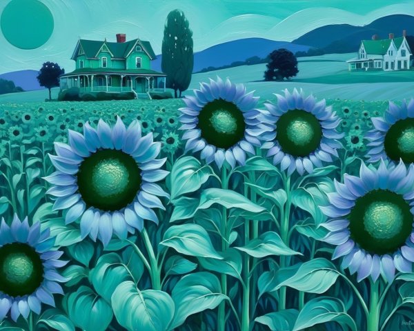 Vibrant Landscape with Sunflowers and Victorian House