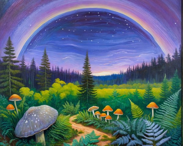Vibrant Ferns and Mushrooms Under Twilight Sky