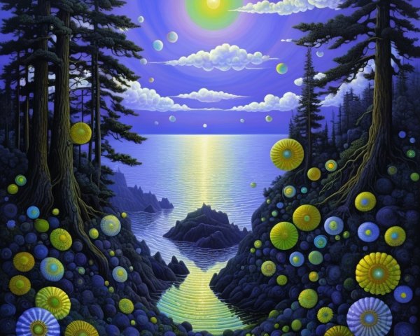 Surreal Landscape with Serene Bay and Colorful Orbs