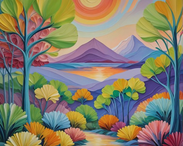 Vibrant Landscape with Colorful Trees and Serene River