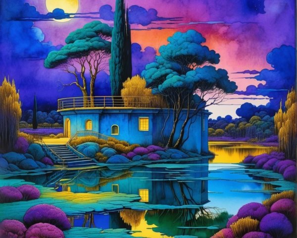 Twilight Scene with Circular Building and Lake Reflections