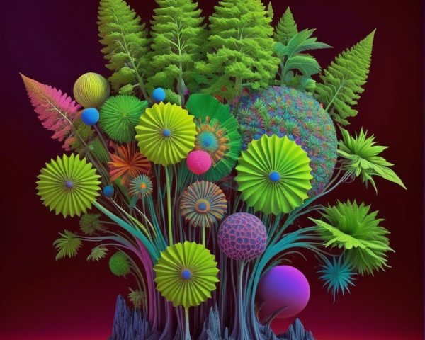 Surreal tree with colorful geometric foliage and patterns
