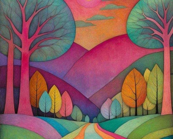 Vibrant Abstract Landscape with Colorful Trees and Sky