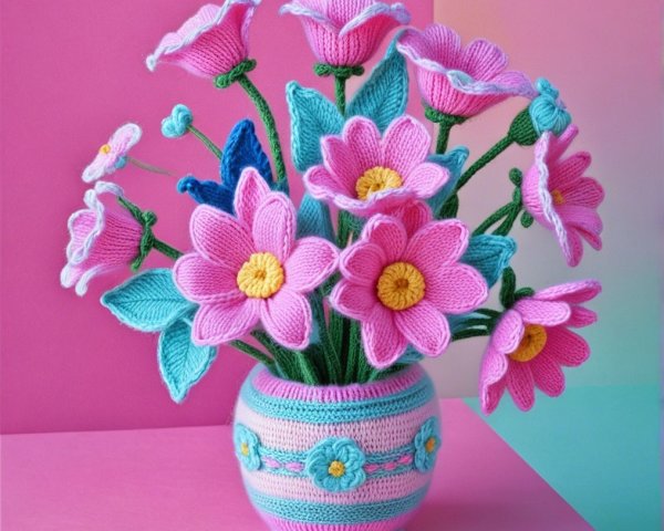 Knitted Flower Bouquet in Pink and Blue Shades