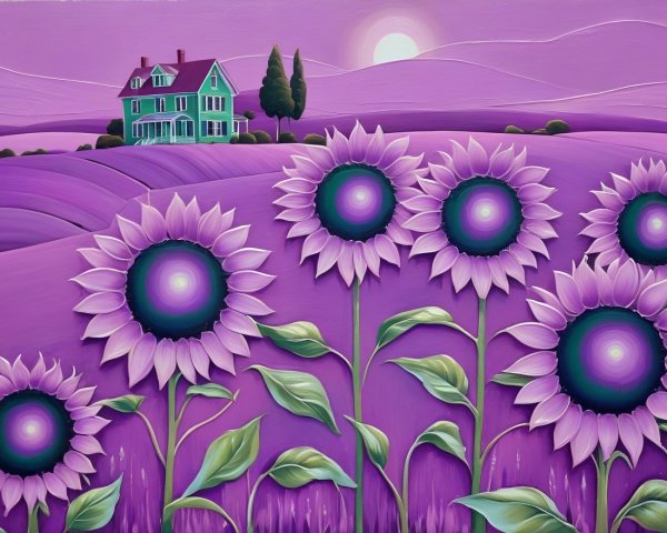 Vibrant Landscape with Green House and Sunflowers