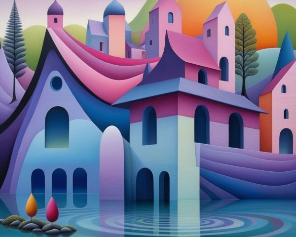 Dreamlike Landscape with Pastel Houses and Water