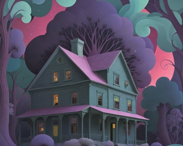 Whimsical Two-Story House in Surreal Landscape