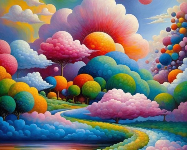Surreal Landscape with Colorful Clouds and Trees