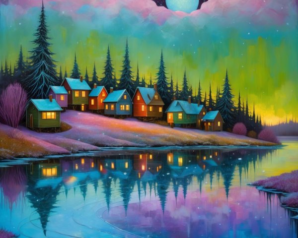 Whimsical Oil Painting of a Nighttime Village Scene