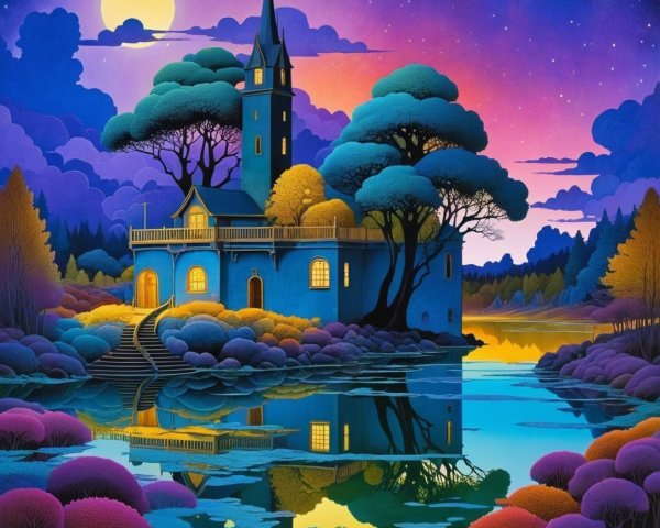 Whimsical Castle by Serene Lake at Night