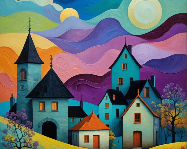 Whimsical Landscape with Colorful Hills and Moonlight