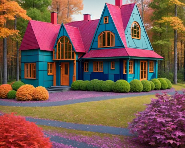 Whimsical House with Blue and Red Siding in Autumn Forest
