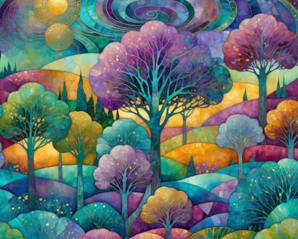 Stained-Glass Fantasy Landscape with Colorful Elements