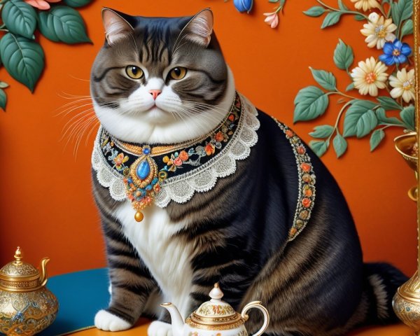 Regal Cat in Opulent Tea Setting with Decorative Collar
