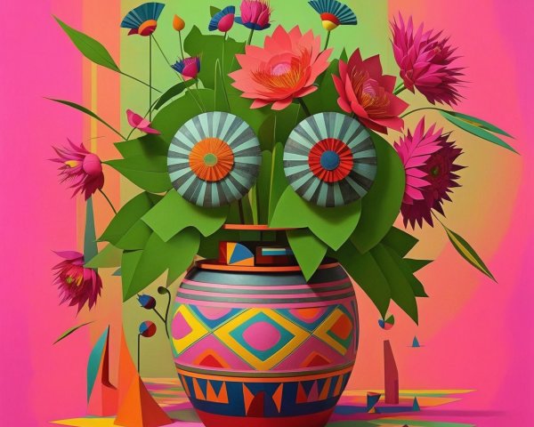 Vibrant Still Life with Colorful Vase and Abstract Flowers