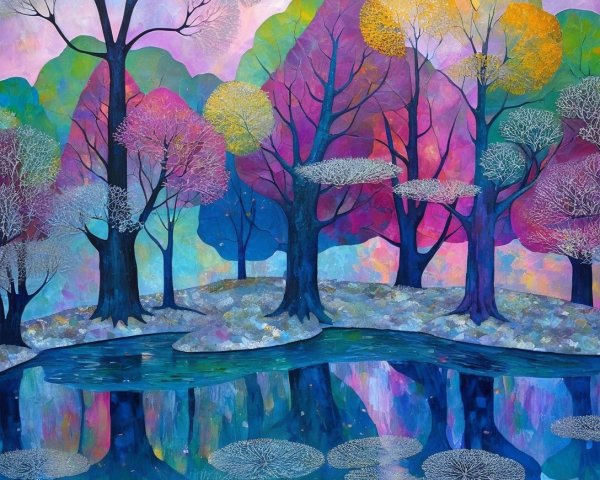 Vibrant Landscape with Serene Lake and Colorful Trees