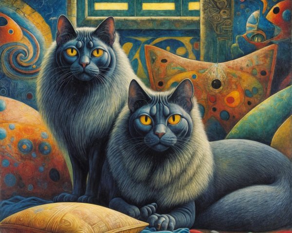 Gray Cats with Golden Eyes Among Colorful Cushions