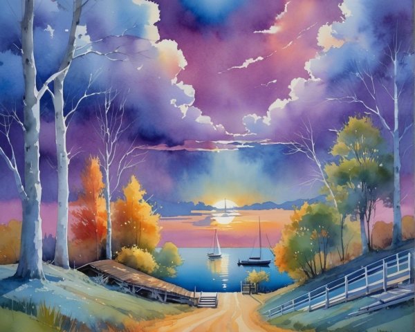 Serene Landscape with Moonlit Waterway and Autumn Trees