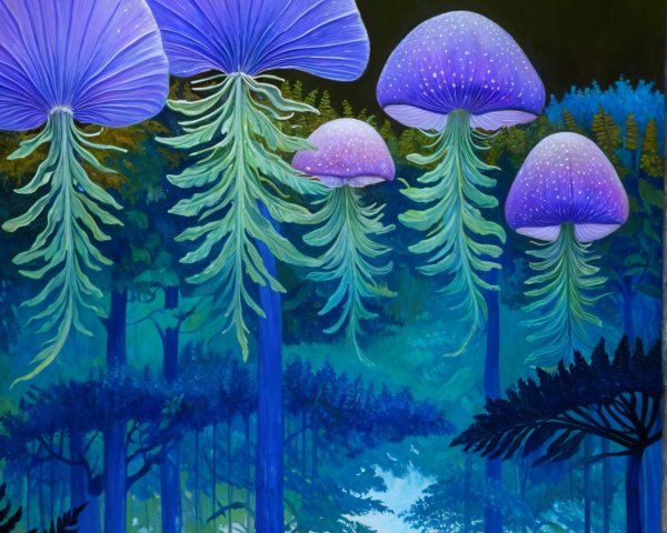 Mystical Forest with Vibrant Jellyfish-like Mushrooms