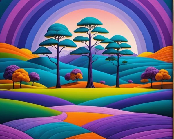 Vibrant Landscape with Colorful Rolling Hills and Trees