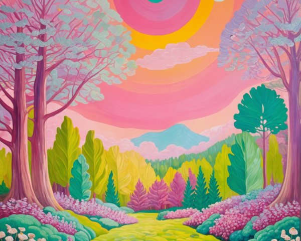 Whimsical Landscape with Pastel Trees and Flowers