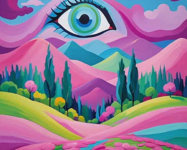 Cubist Painting of Surreal Landscape with Eye in Sky