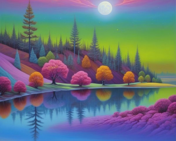 Vibrant Landscape with Serene Lake and Colorful Trees
