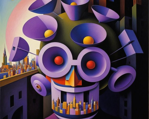 Surreal Colorful Figure with Cityscape Background