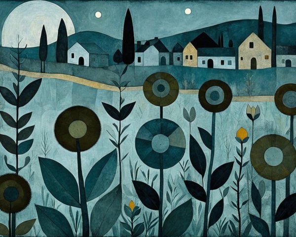 Serene Night Landscape with Moon and Colorful Flowers