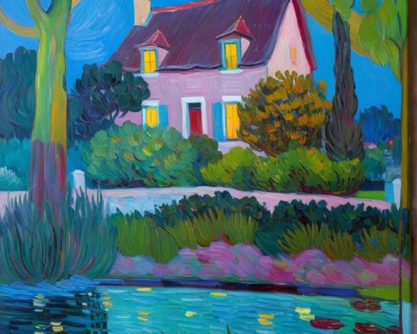 Vibrant Landscape with Quaint House and Serene Pond