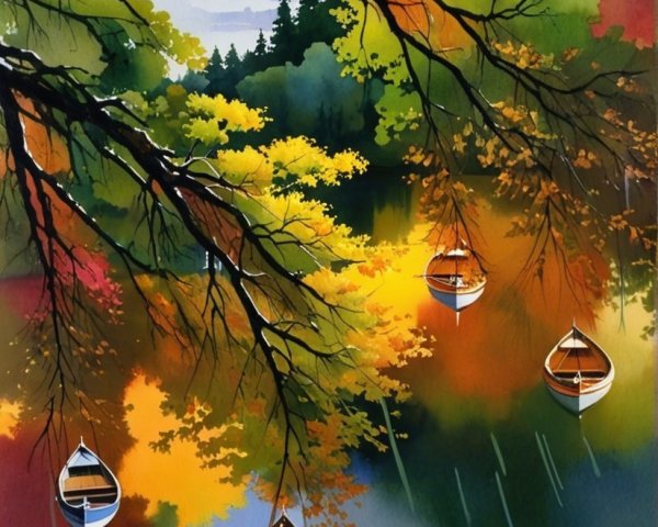 Vibrant Watercolor Lakeside Scene with Autumn Foliage