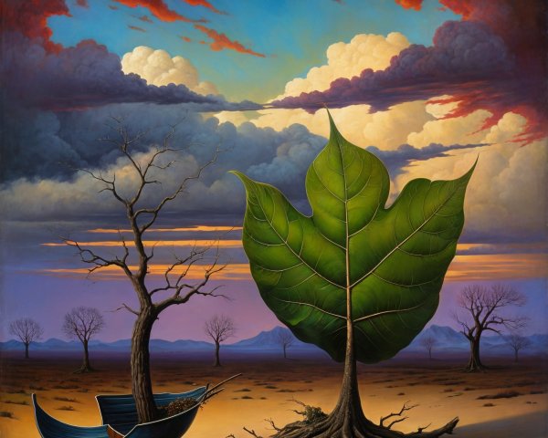 Surreal Landscape with Giant Leaf Tree and Barren Tree