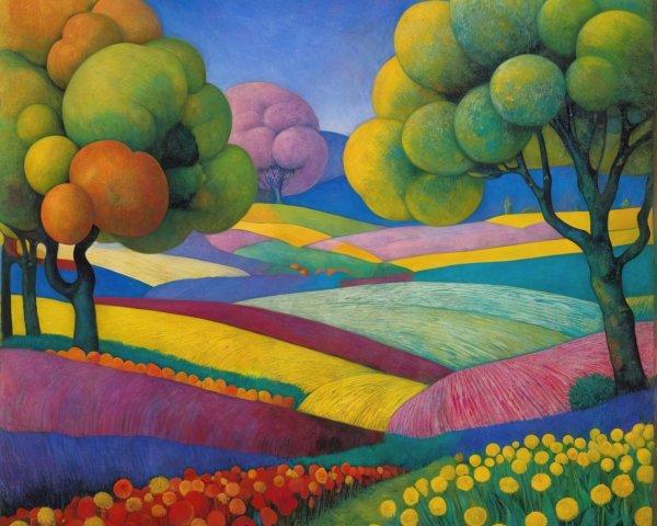 Vibrant Landscape with Colorful Flower Fields and Trees