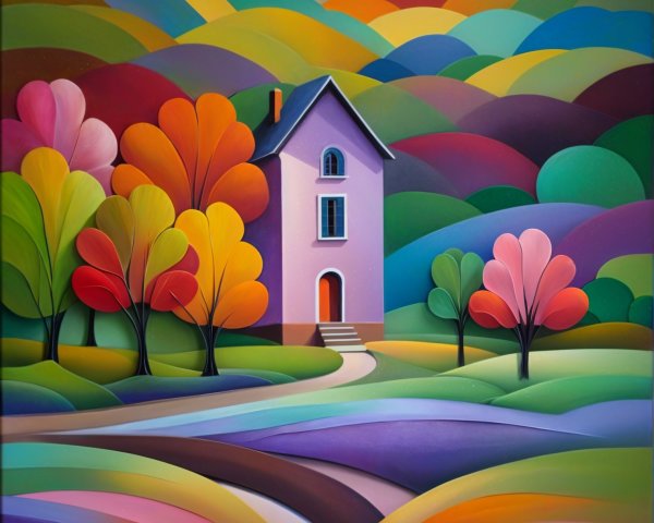 Whimsical Landscape with Colorful House and Trees