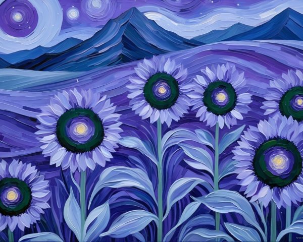 Impressionistic Landscape with Purple and Blue Sunflowers