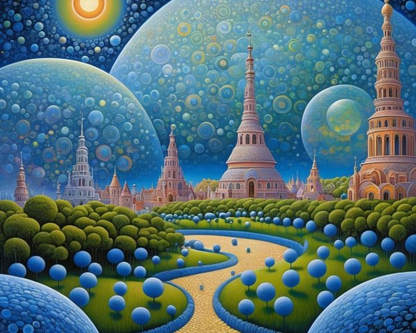 Surreal Landscape with Spires and Celestial Sky