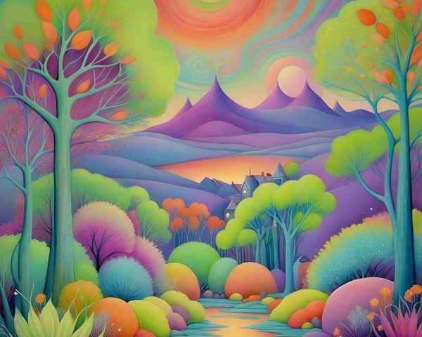 Pastel Fantasy Landscape with River and Distant Village