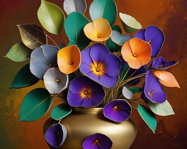 Artificial Flower Bouquet in Golden Vase with Leaves