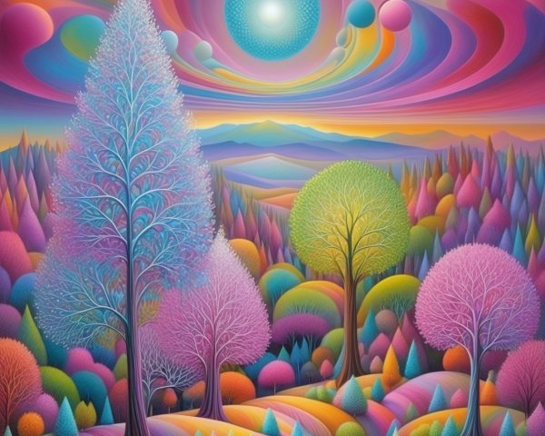 Surreal Landscape with Colorful Trees and Sky