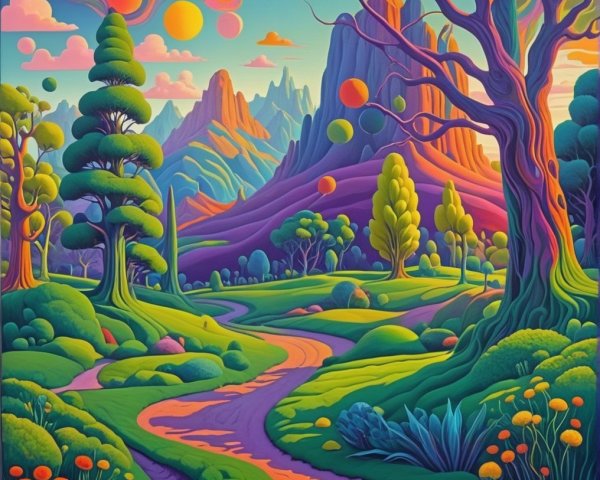 Surreal Landscape with Colorful Trees and Orbs