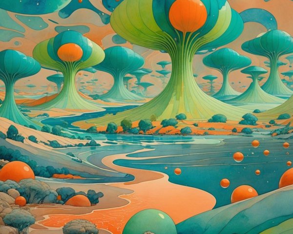 Surreal Landscape with Mushroom Structures and River
