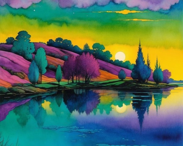 Vibrant landscape with colorful hills and serene waters